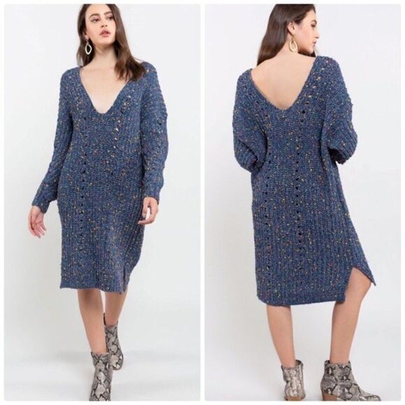 chenille V-Neck Sweater Dress In Indigo - Picture 2 of 10